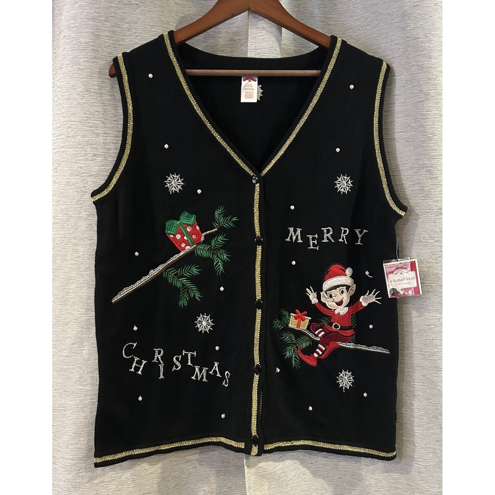 Holiday‎ Time Sweater Vest Cardigan Christmas Elf Merry Gift Snowflake Beaded L